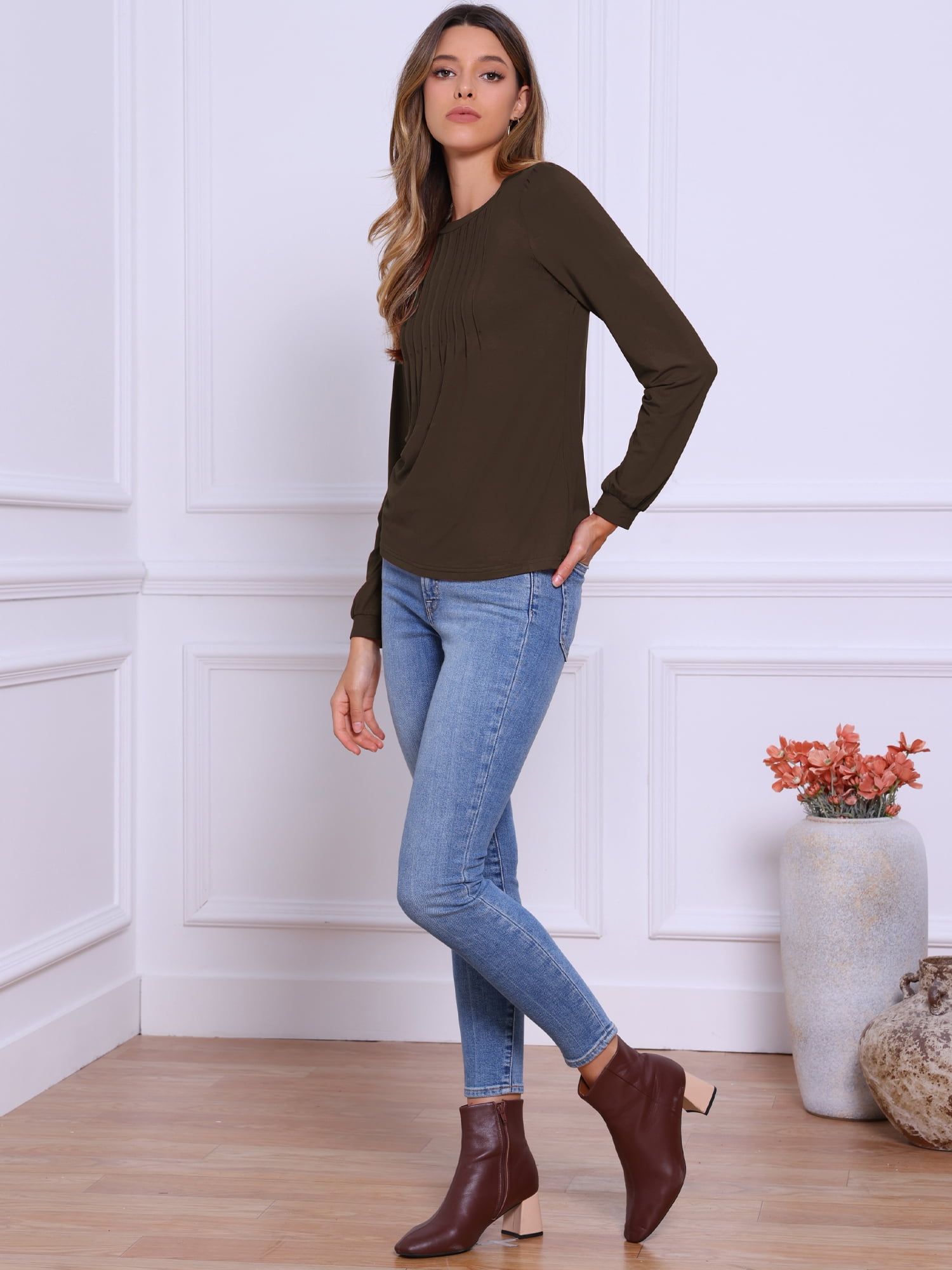 DARING DIVA Women's Pleated Trim Casual Long Sleeve Top XS Dark Brown