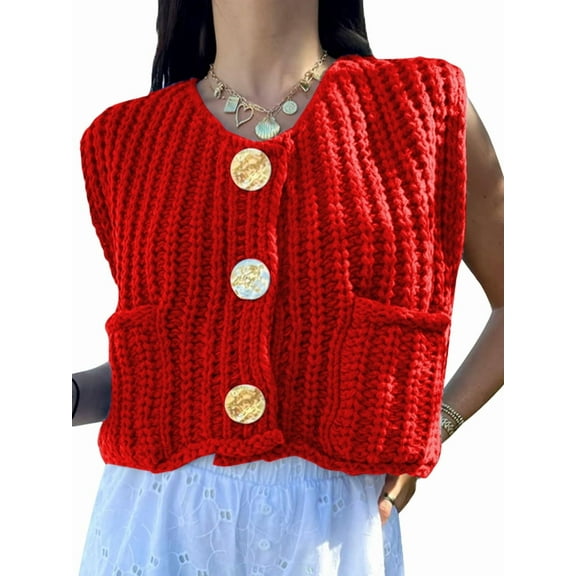 Women'S Sleeveless Cropped Knit Cardigan 2025 Casual Button Down Crochet Sweater Vest Tops with Pockets Big Red M