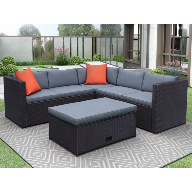 Outdoor Furniture Set 4 Piece Outdoor Patio Rattan Furniture Set Outdoor Garden Conversation Set Sectional Garden Sofa Sets Patio Furniture Set With Grey Cushion For Patio Porch R373 Walmart Com Walmart Com