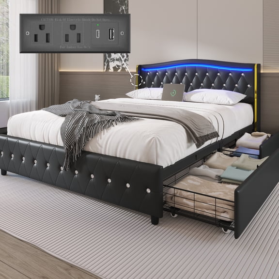E-Motie Full Size Bed Frame with Wingback Headboard, Upholstered Platform Bed with 4 Storage Drawers, Led Light & Charging Station, PU Leather, Black