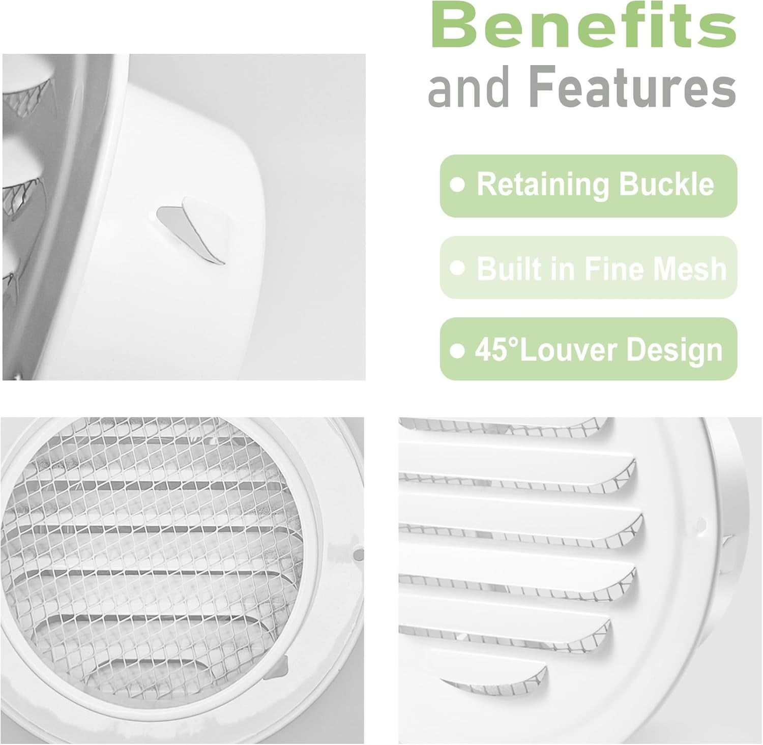 ABCISI 3 Inch Round Soffit Vent Cover, Stainless Steel Air Vent Cover Louvered Grille Cover Air Vent Wall Outlet with Built-in Fine Mesh for HVAC Ventilation (White, 75mm - 2PCS)