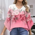 thumbnail image 2 of Women's Dressy Chiffon Blouse: Boho Floral Print 3/4 Petal Sleeve V-Neck Top - Business Casual Ruffled Office Shirt Spring Fall Workwear, 2 of 7