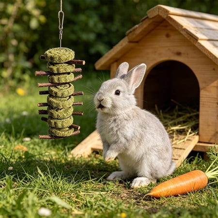 Natural Wood Hanging Rabbit Chew Toy with Grass Balls, Cage Suspended Teeth Grinding Toy, Boredom Relief Interactive Play Toy for Hamsters Chinchillas Guinea Pigs Small Rodent Pets Oral Care Supplies