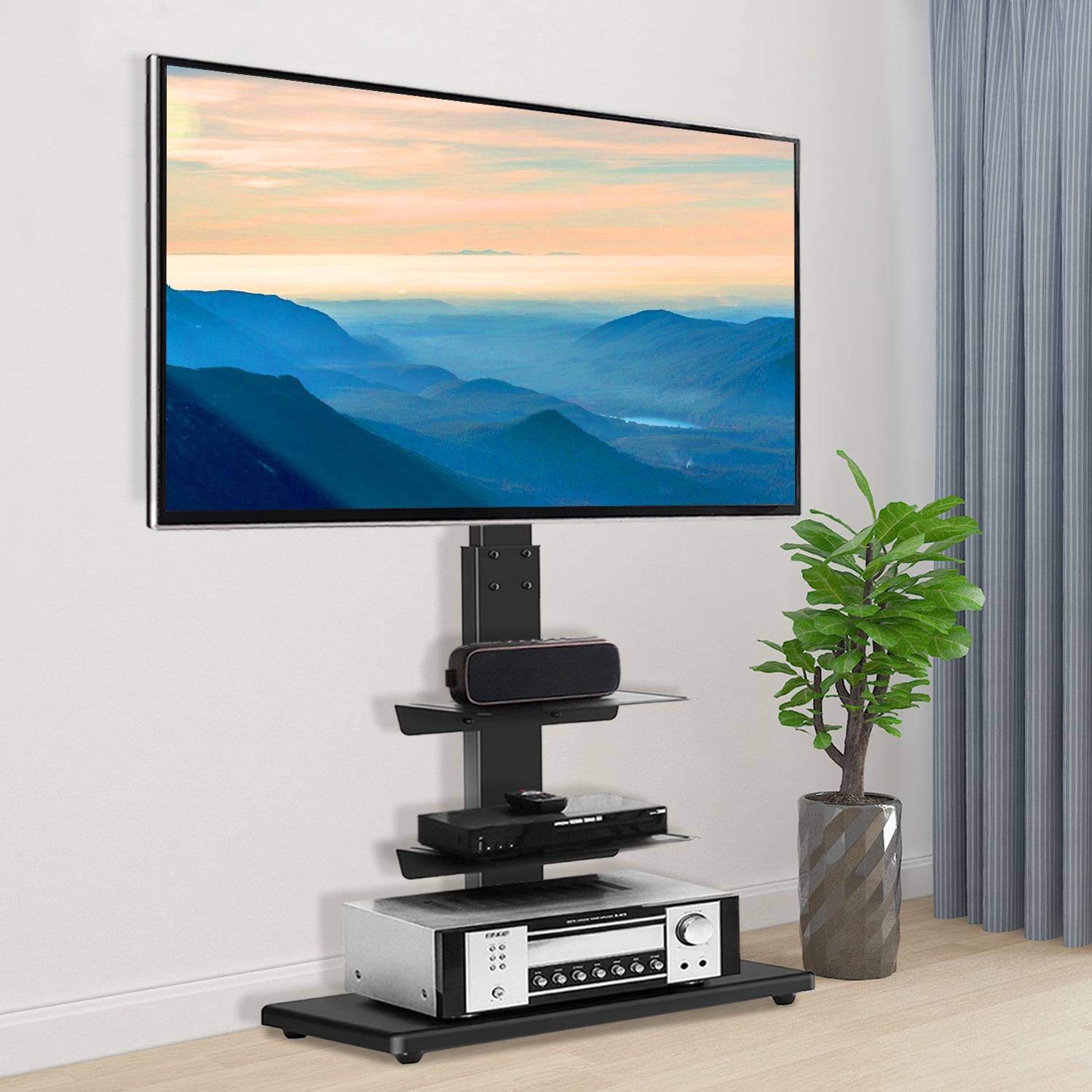 Rfiver MidCentury Black TV Stand for up to 65 inch TV Black Metal