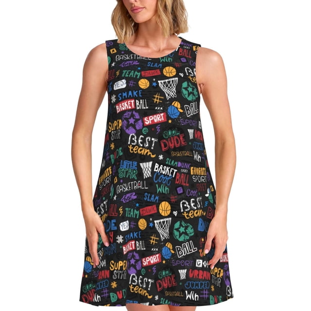 Wukai Robe Sans Manches Imprimé Basketball pour Femmes, Robe Décontractée Ample pour Femmes, Robe d'Été Confortable Sans Manches