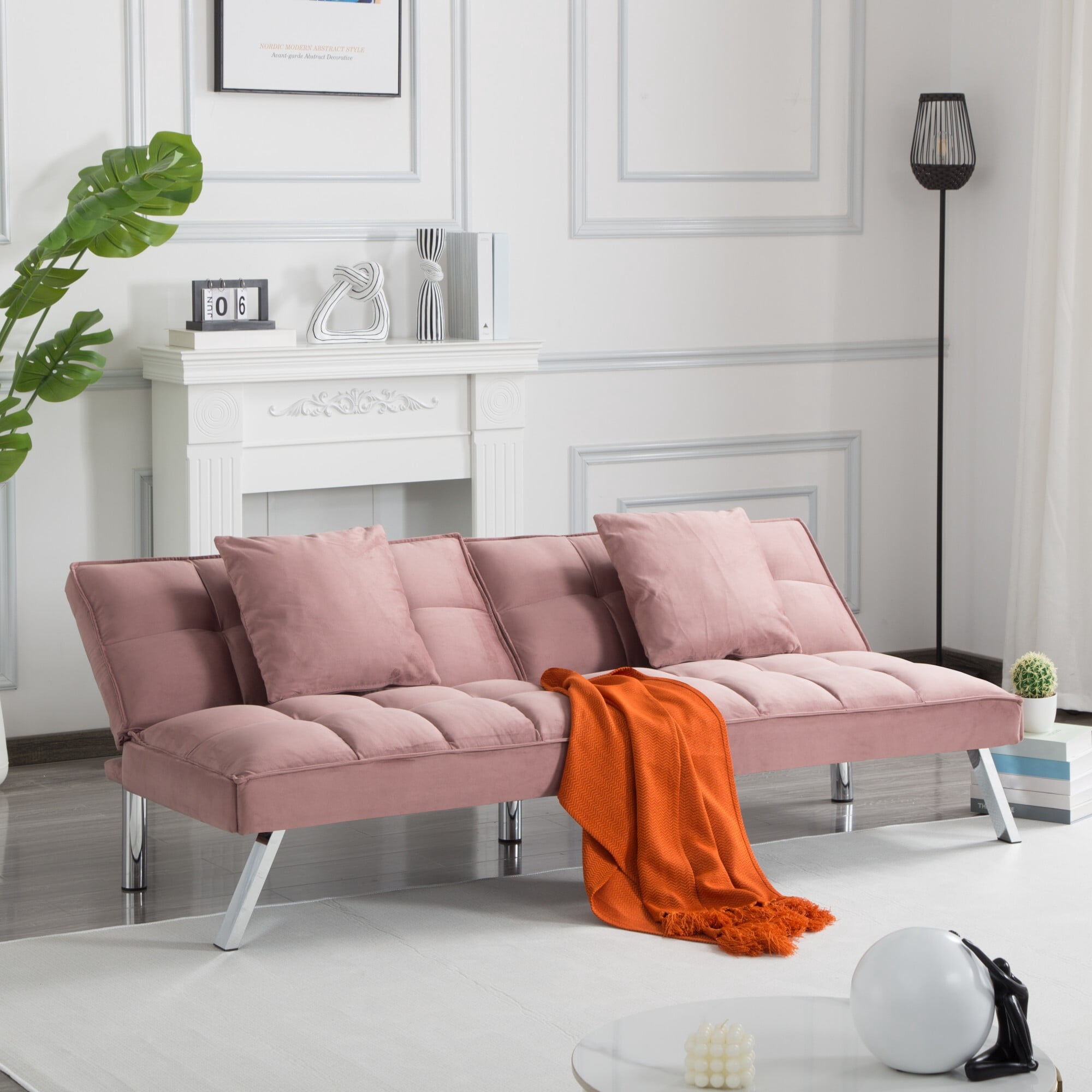 DEALTOPS 67" Convertible Futon Sofa Bed, 5-Angle Split-Back Sleeper with 2 Pillows for Small Spaces, Rose Pink
