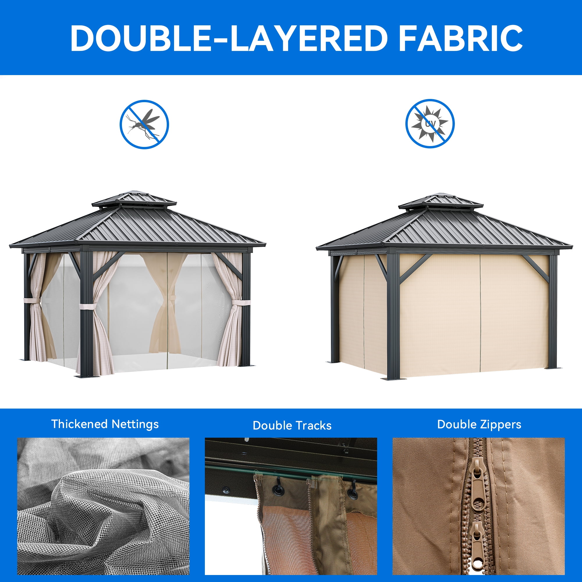 Dextrus 10x10ft Gazebo Double Roof Canopy with Netting and Curtains, Outdoor Gazebo 2-Tier Hardtop Galvanized Iron Aluminum Frame Garden Tent for Patio, Backyard, Deck and Lawns