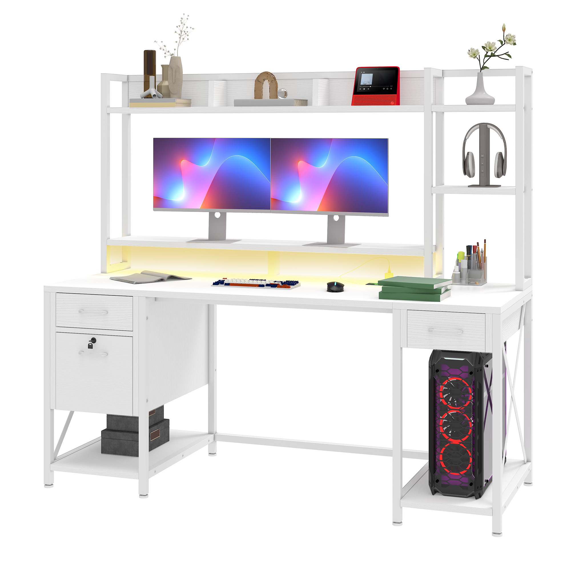 Uforic 59.1 Inch Rustic Brown Computer Desk with Hutch & Drawers with RGB LED Light Strip Multi-Shelf Storage with Sturdy Metal Frame, White