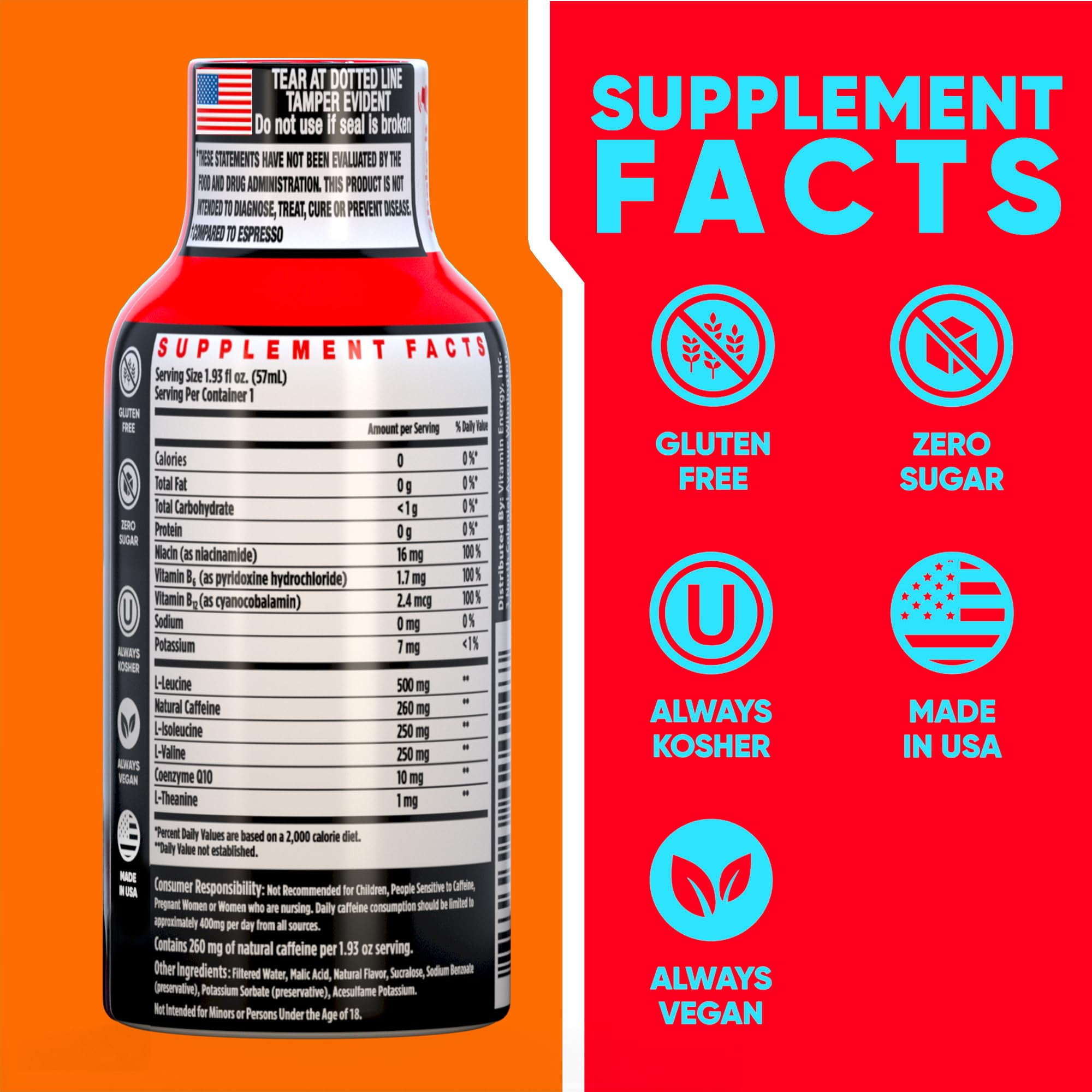 Vitamin Energy Focus+ Extra Strength Shot, Mango, 24 Pack – 260mg Natural Caffeine, CoQ10 & B-Vitamins, Zero Sugar, 1.93 fl oz
