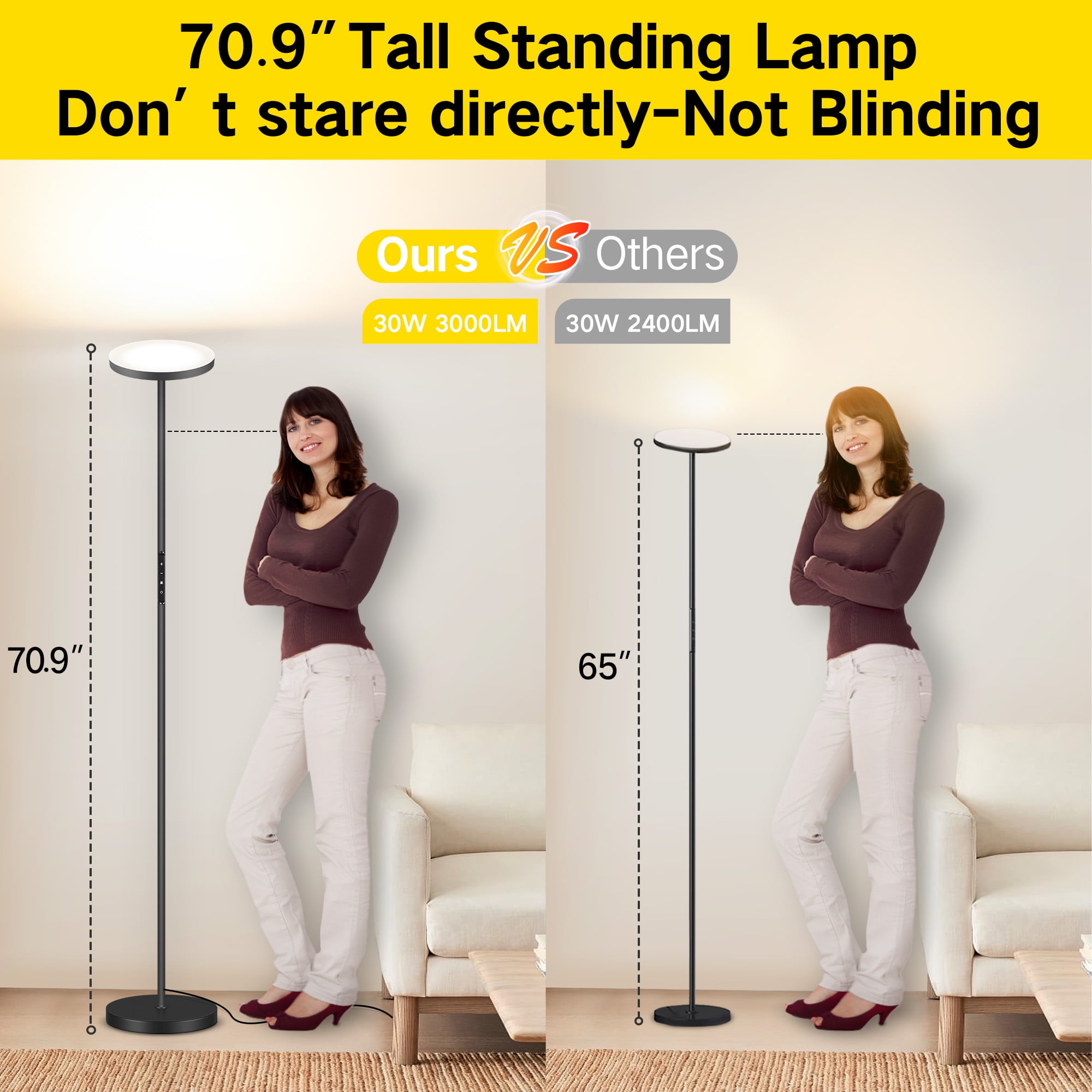 OUTON Torchiere Floor Lamp with Remote, Super Bright Standing Lamp, 4 Color Temperature, Modern LED Tall Lamp for Living room, Bedroom, Black