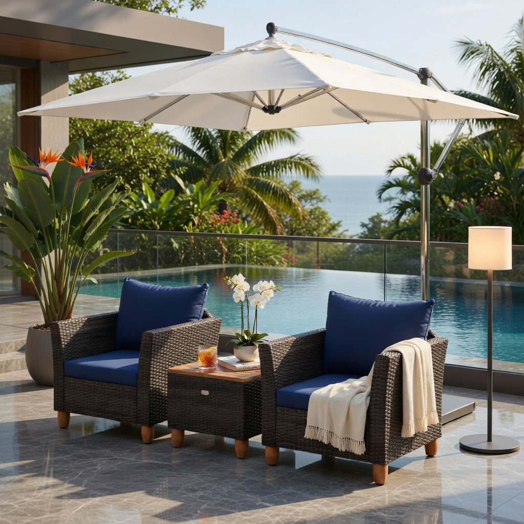 Hommoo 3-Piece Outdoor PE Wicker Patio Furniture Set with Navy Cushions, Acacia Wood Storage Coffee Table & Heavy-Duty Metal Frame, Navy