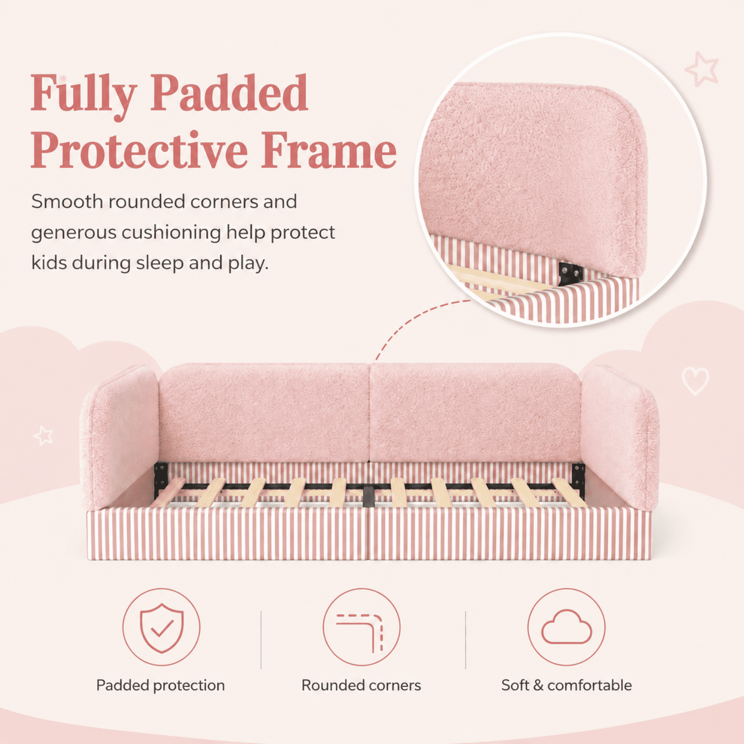 Miniyam Twin Kids Floor Bed with Padded Guardrails, Teddy Fleece Upholstered Montessori-Inspired Bed, Pink
