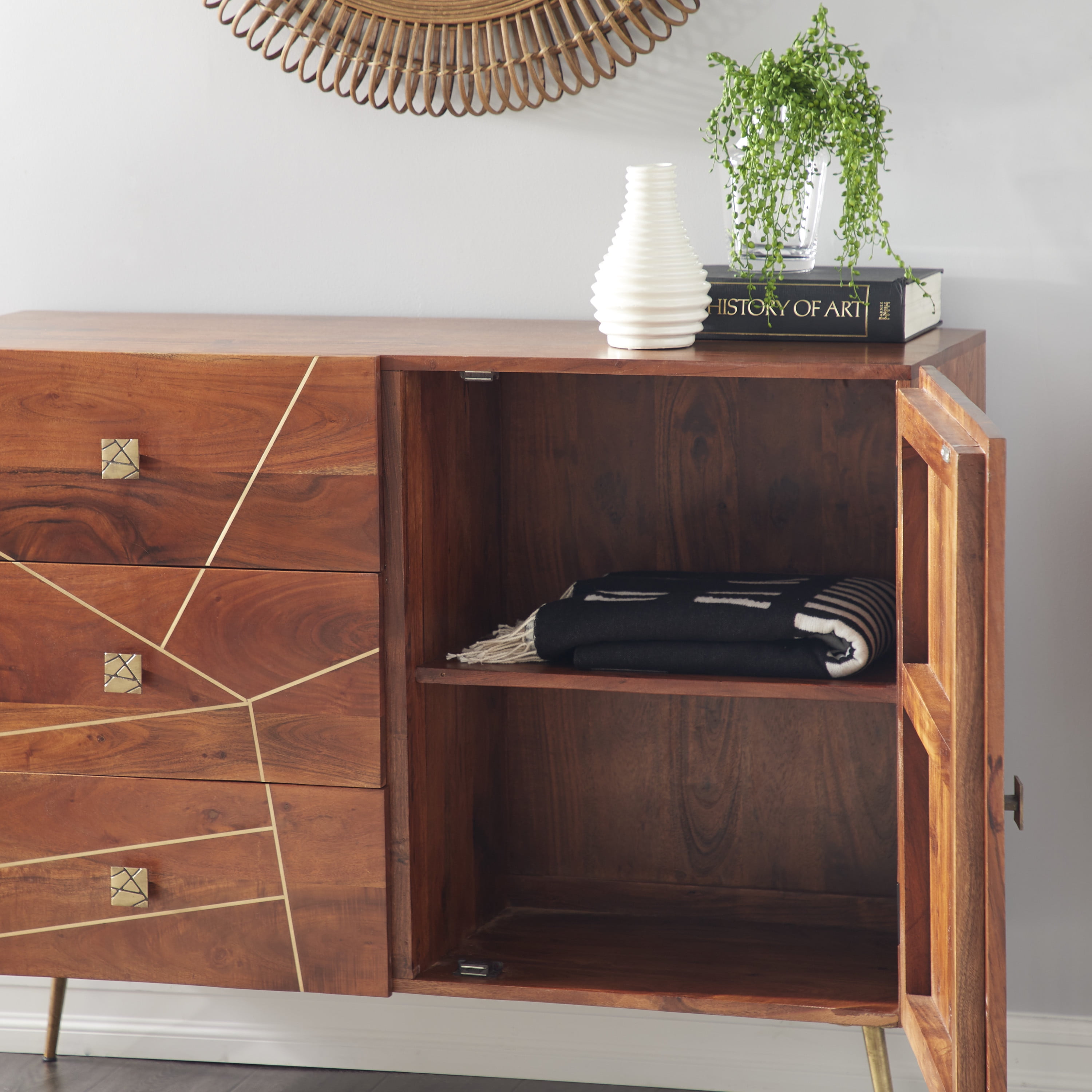 DecMode 46" x 36" Brown Metal 3 Drawers 1 Shelf and 2 Doors Buffet with Gold Inlay, 1-Piece
