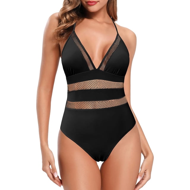 Halter Halter V-Cuello en V Una Pieza Traje de baño Bajo Baño Baño Atractivo Monokini Negro CH Negro CH Xishao ropa