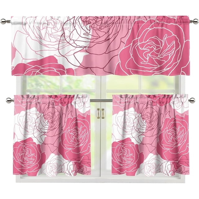 3PCS Valentine''s Day Kitchen Window Curtain Set with 24" Length Tiers and Valance Rod Pocket Cafe Curtains Pink Rose Window Curtains Treatment, Home Collection