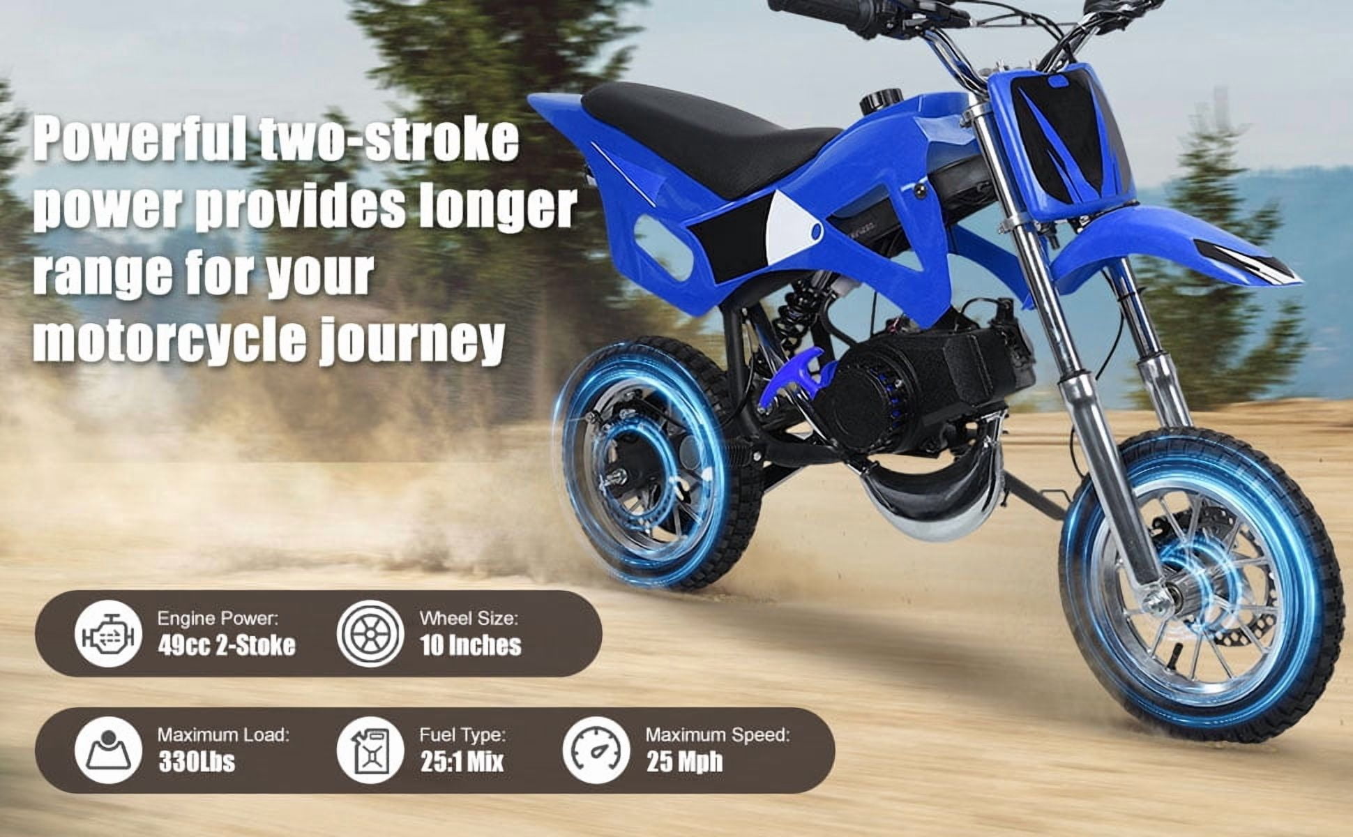 Korogimeeet Gas Powered Blue Mini Dirt Bike 49cc 2-Stroke, EPA Certified Engine, Plastic Fuel Tank Lightweight, 40KM/H Max Speed, 100kg Capacity, 41 x 22 x 28 Inch