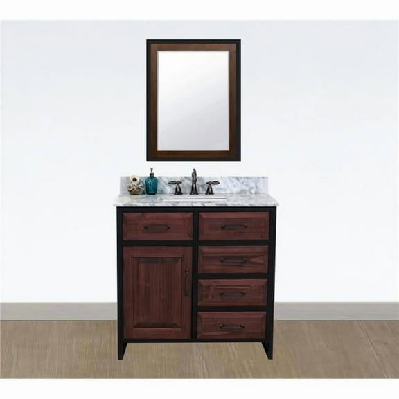 WK8836-BR-CW SQ TOP 36 in. Rustic Solid Fir Single Sink Iron Frame Vanity in Brown-Driftwood With Carrara White Marble Top With Rectangular Sink-No Faucet