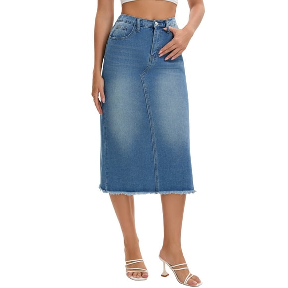 Women's Long Denim Skirt Elastic Waist Split Back Pockets Maxi Jean Skirts 2XL Blue