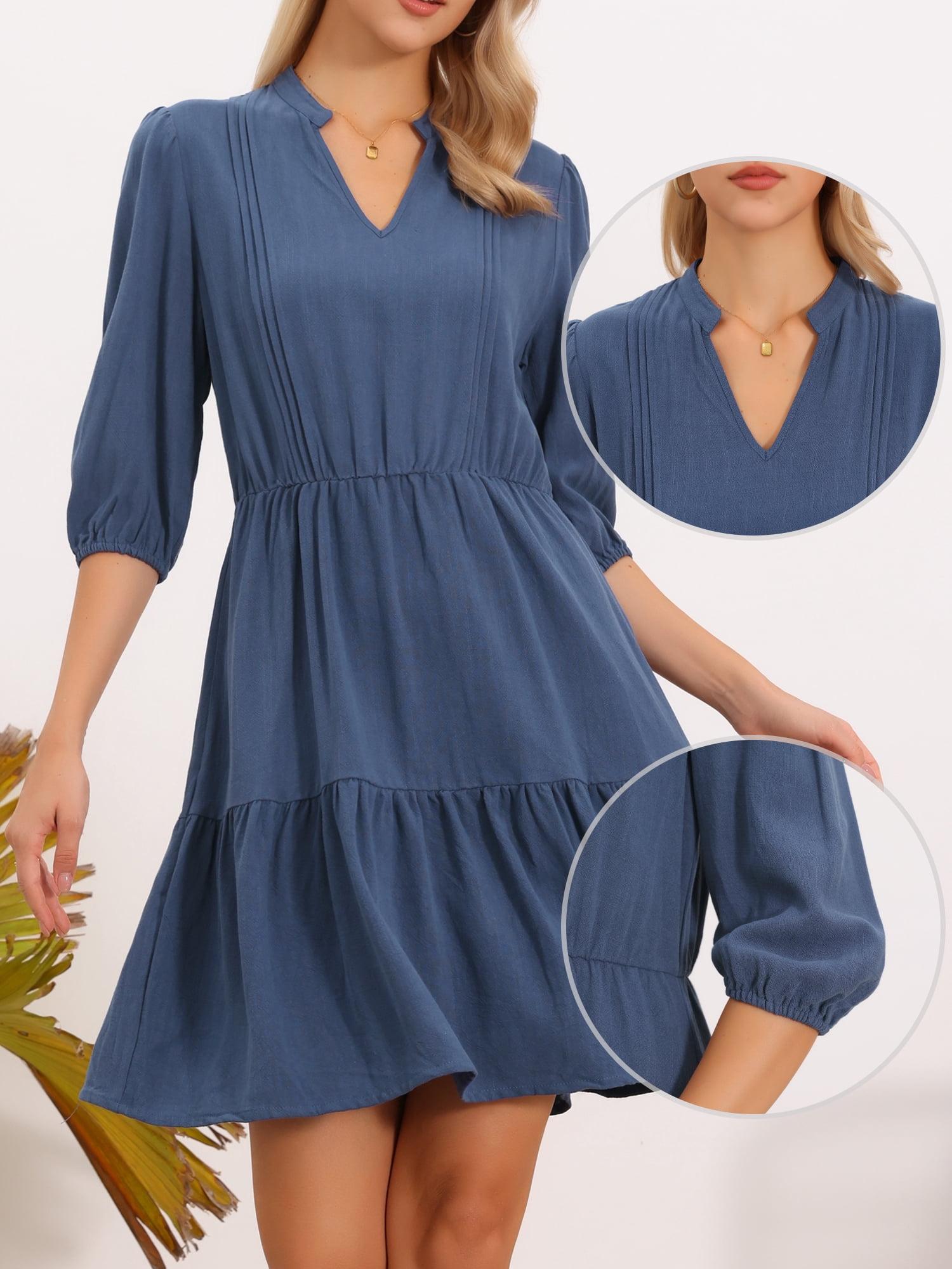 DARING DIVA Women's Tiered Dress A Line V Neck Flowy Ruffle Linen Dresses L Navy Blue