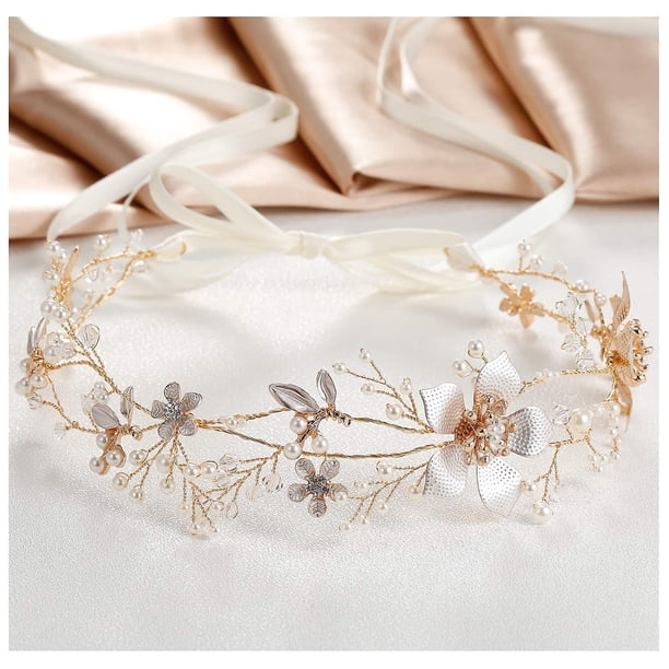 Diadema de boda dorada LIUYMXG con flores de perla 33 x 5 cm