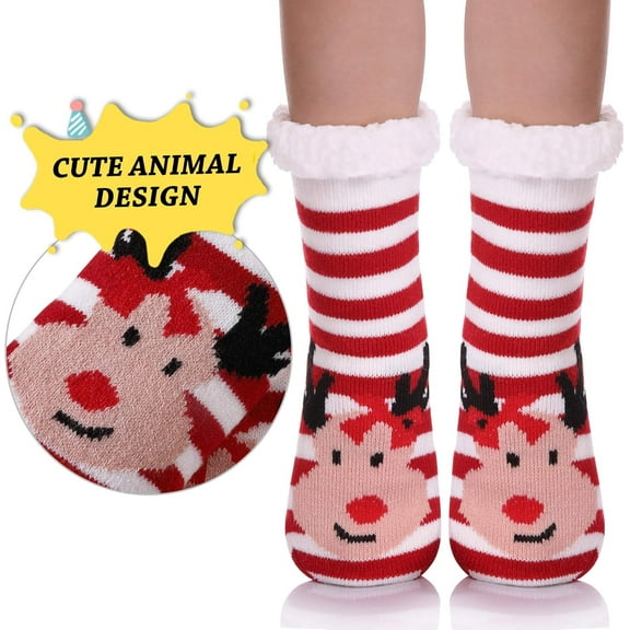 Minzimin Kids Boys Girls Slipper Socks Cute Animal Fuzzy Winter Warm Fleece Lining Christmas Socks With Grippers