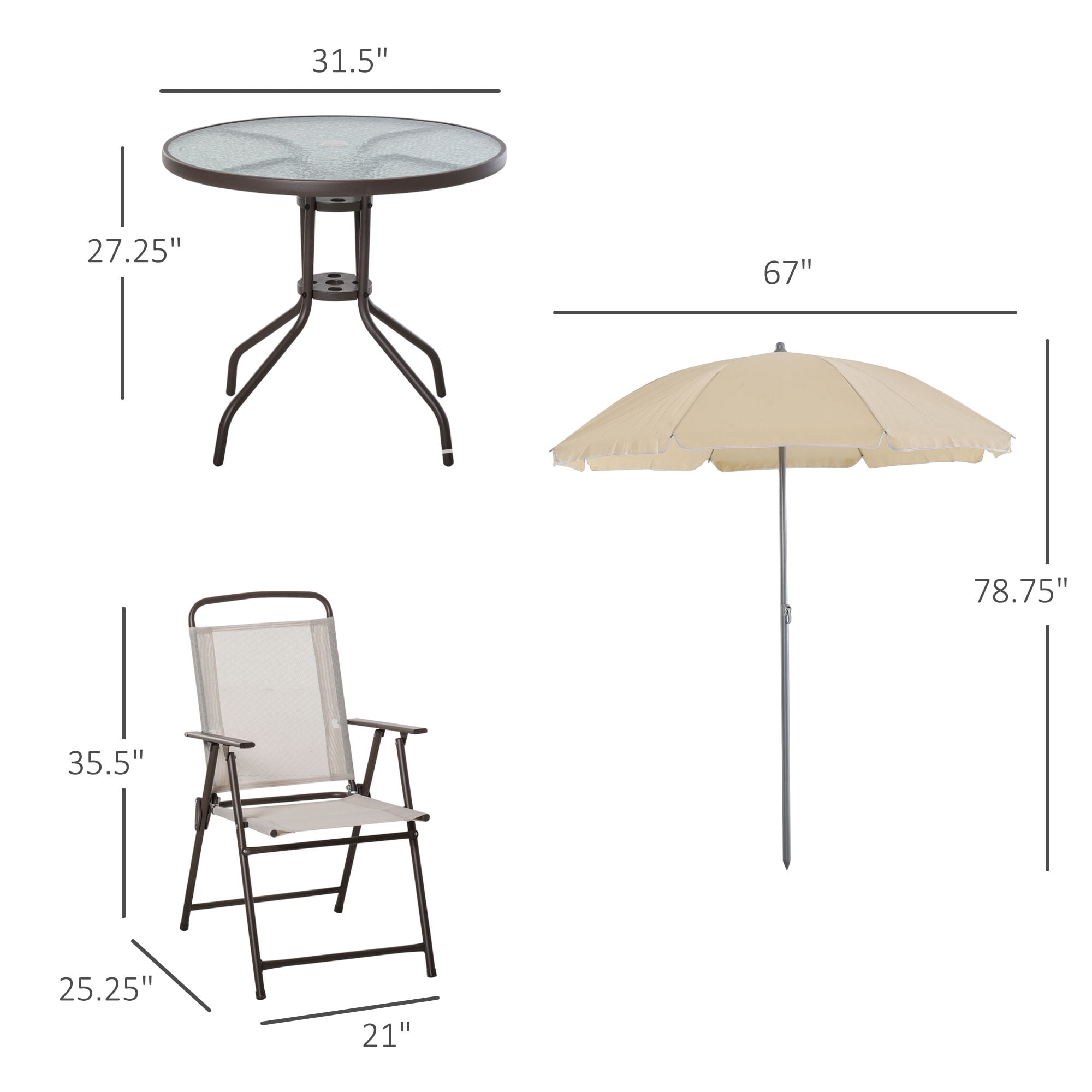 Outsunny 6 Piece Fabric Patio Dining Set for 4 with Umbrella, Outdoor Table and Chairs, Beige