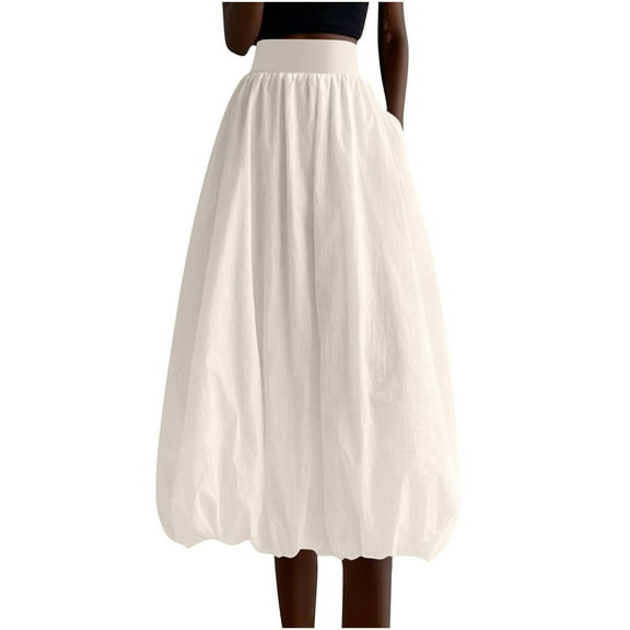 Women's Elastic High Waist Lantern Skirt A-Line Pleated Midi Length Skirt Casual Basic Solid Skirt
