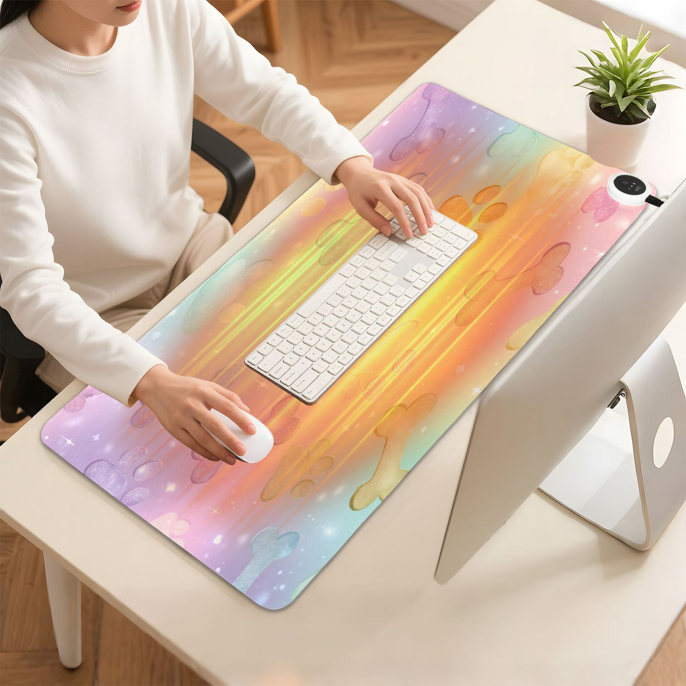 Large Heated Desk Mat Mouse Pad 31.5"x13"PU Leather Graphene Heating Desk Warmer with 3 Temperature Settings 110V US Plug Non-Slip Warm Pad for Home, Office, and Gaming Candy Glitter Puppy Party