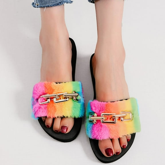 XIMIN Women's Flat Faux Fur Slides Sandals Open Toe Summer Comfort Slip Slide Sandals Shoes Open Toe Furry Slide Flip Flop Indoor Outdoor (7, Orange)