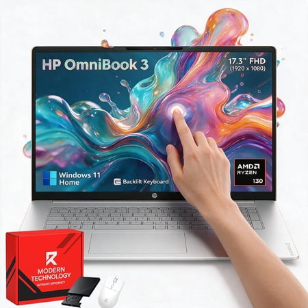 HP OmniBook 3 17.3" Touchscreen Laptop, AMD Ryzen 5 130 Processor, 32GB RAM, 1TB SSD, FHD IPS Display, Backlit Keyboard, Windows 11 Home, Copilot AI
