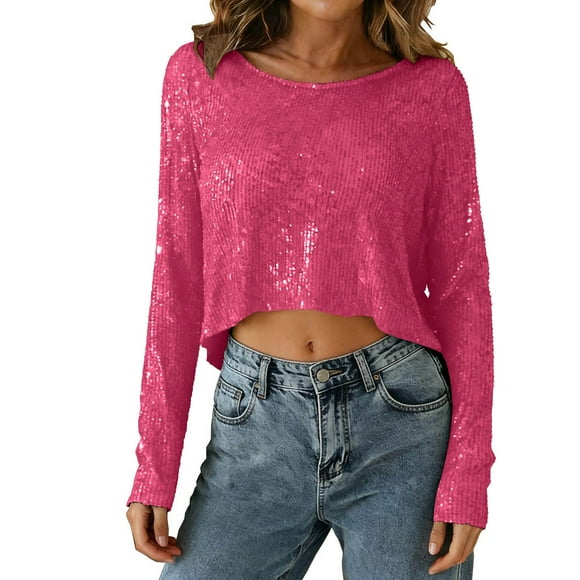JGGSPWM Dressy Cropped Sequins Shirts for Women Loose Long Sleeve Party Blouse Crewneck Elegant Sparkle Clubwear Tops Pink M