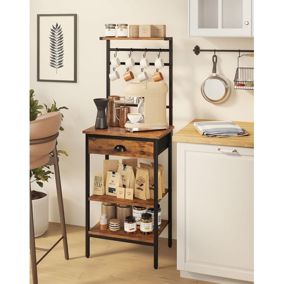 5 Tier Coffee Bar Station with Fabric Drawers and Hooks, Height Adjustable Corner Bar Cabinet for Kitchen Living Room