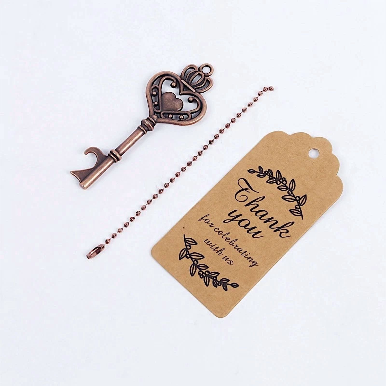 10 Antique Gold Metal Skeleton Key Bottle Openers Chains Tags Gift Set Party