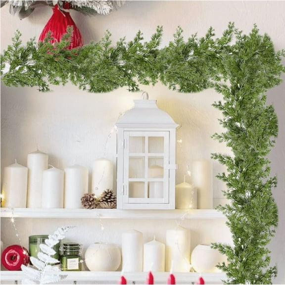 Suefo 6FT Christmas Garland for Decoration Home Indoor Outdoor, Realistic Pine Cypress Christmas Garland Artificial Real Touch Greenery Cedar Garland Mantel Window Holiday Thanksgiving Winter Xmas Dé