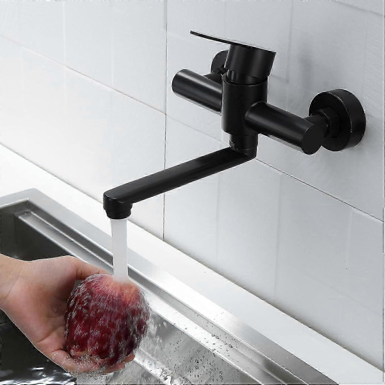 Wall Mounted Kitchen Faucet 304 Stainless Steel Sink Mixer Tap 360 Rotatable Sink Faucet with Black Spout