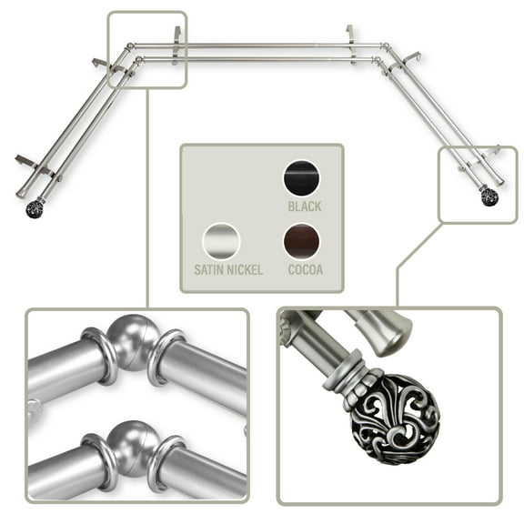 Cilla 13/16 inch Bay Window Double Curtain Rod 20"-36", 38"-72" - Satin Nickel