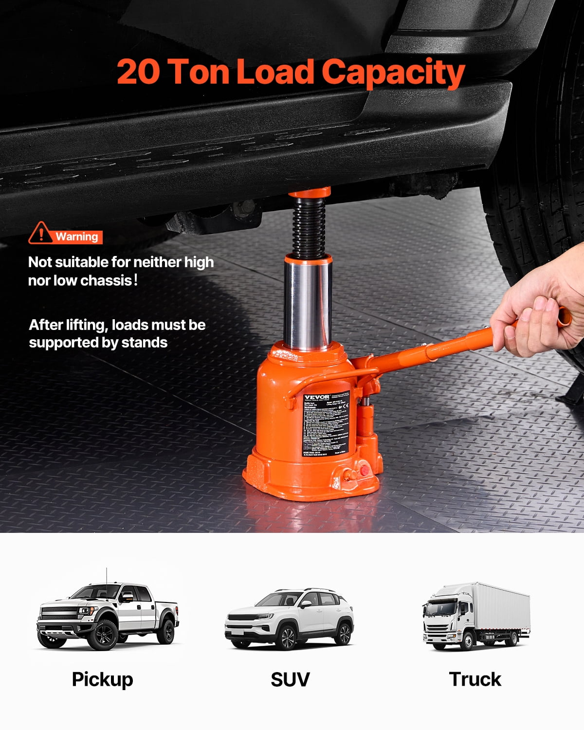 VEVOR Hydraulic Bottle Jack, 20 Ton/44092 lbs Welded Bottle Jack with 6.69''-12.6'' Lifting Range & 3-Section Long Handle