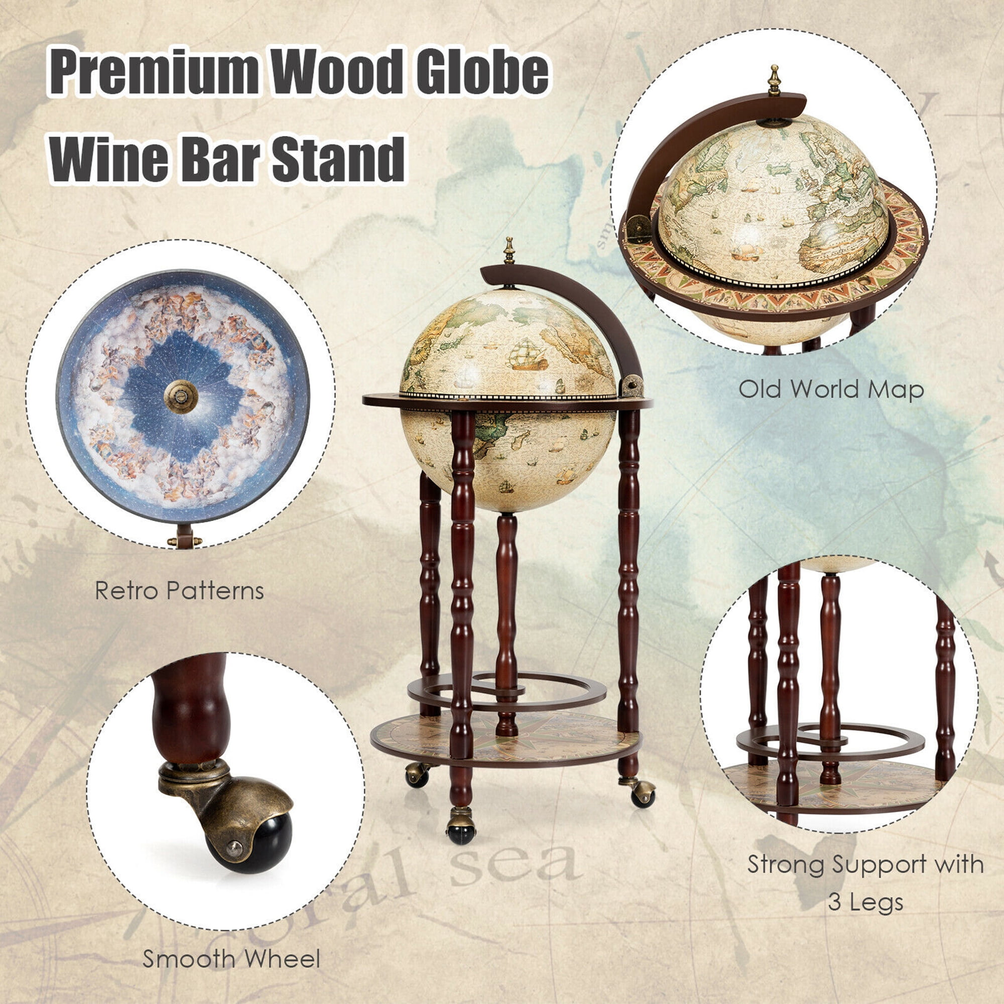 Gymax 16th Century Italian 17'' Wood Globe Wine Bar Stand Rack Liquor Bottle Shelf Cart