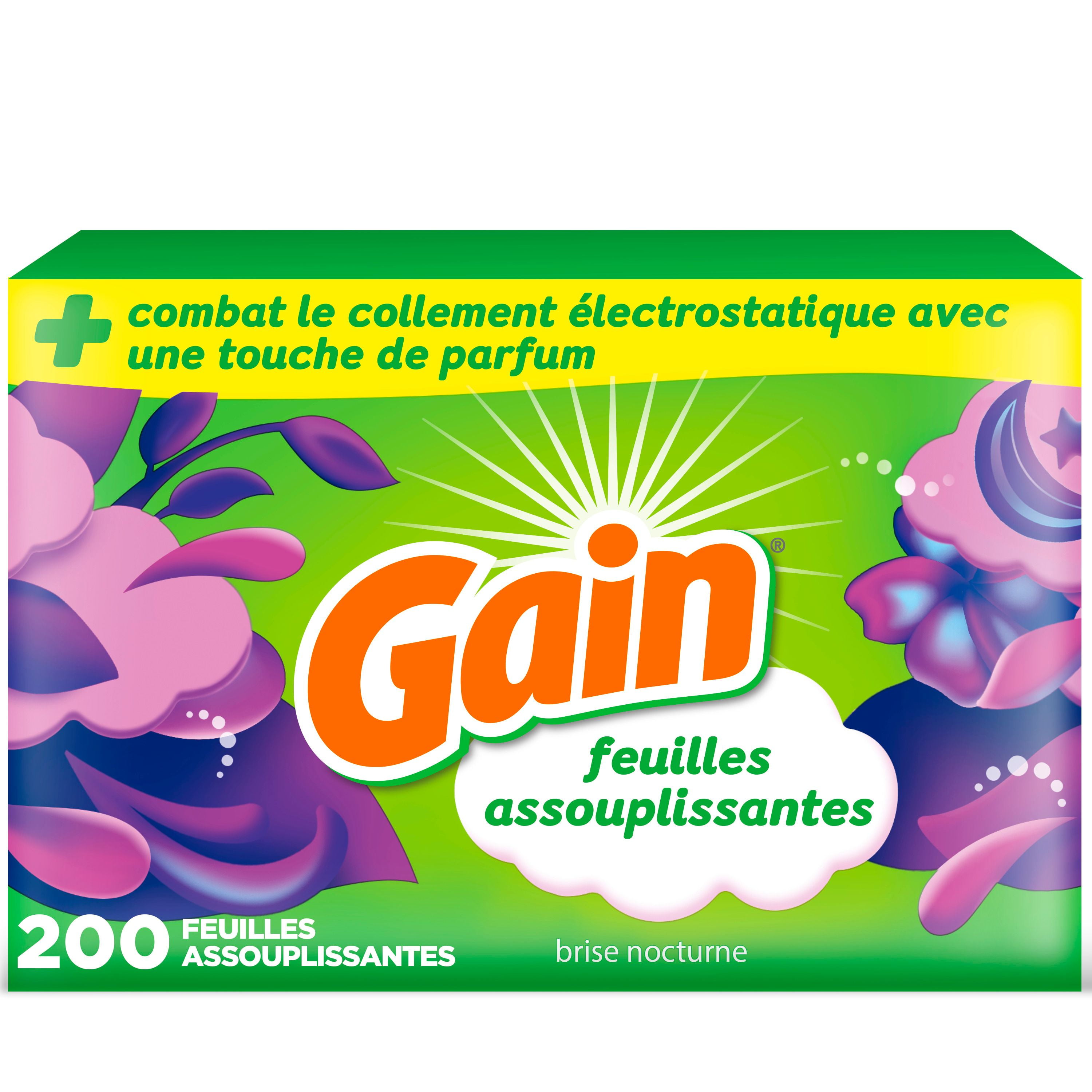 Feuilles assouplissantes Gain, combat le collement électrostatique avec un soupçon de parfum, feuilles pour la lessive, parfum Brise nocturne 200CT