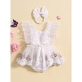 thumbnail image 3 of Infant Baby Girls 2 Piece Summer Set, Fly Sleeve Flower Embroidery Lace Trim Romper Dress + 3D Bow Headband, 3 of 9
