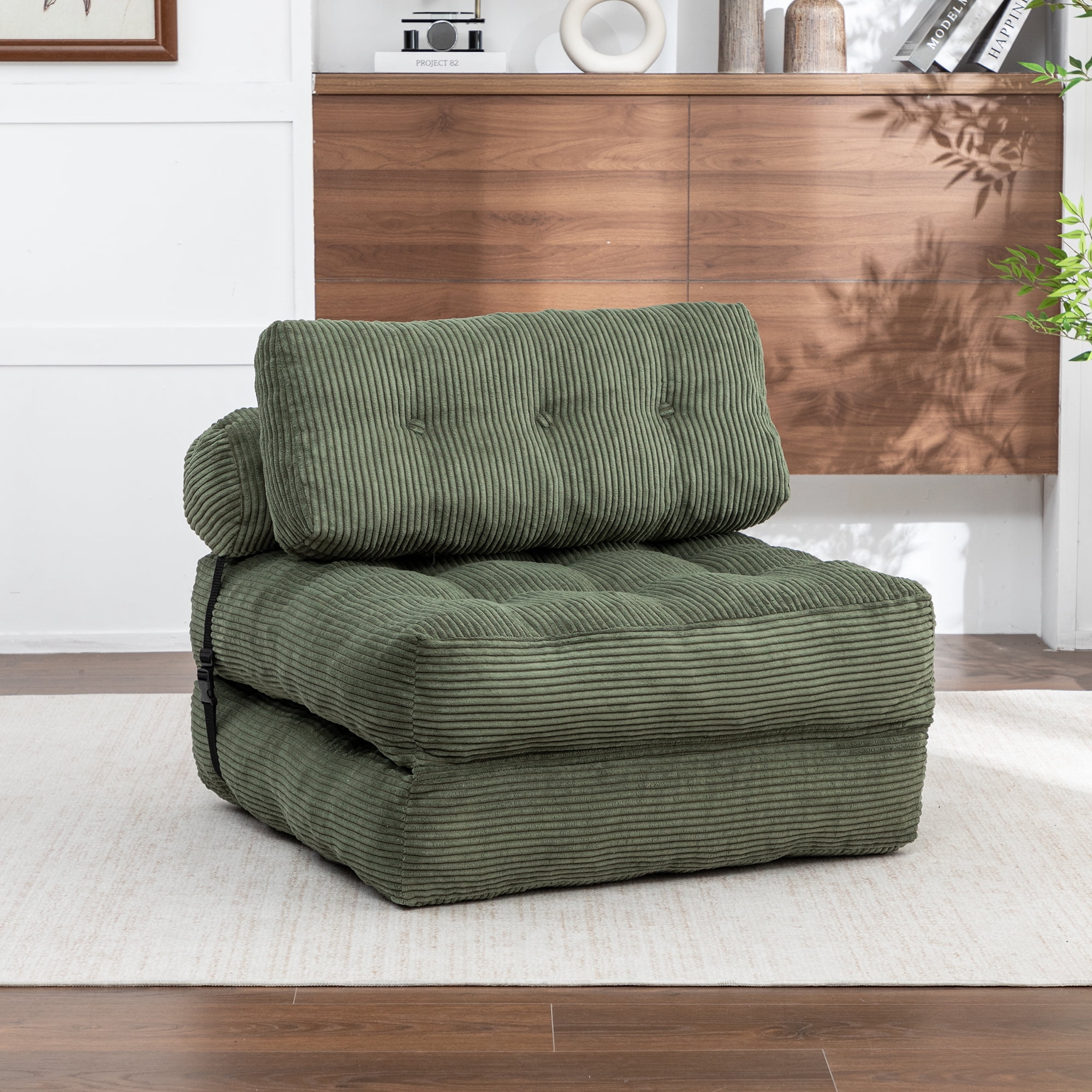 Convertible Folding Sofa Bed with Pillow and Lumbar Support, Foldable Sleeper Chair and Floor Mattress for Living Room and Guest Room, Green Corduroy