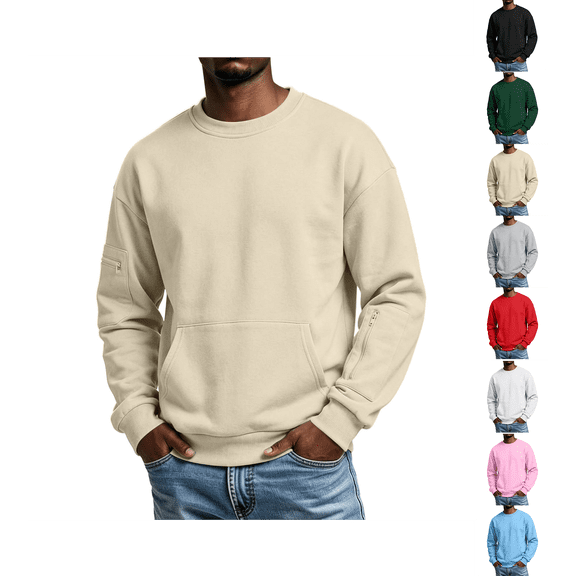 Mockneck Sweatshirt Nelozsy Men's Winter Casual Fashion Solid Color Round Neck Zipper Multi Pocket Hoodie Top Khaki XXL