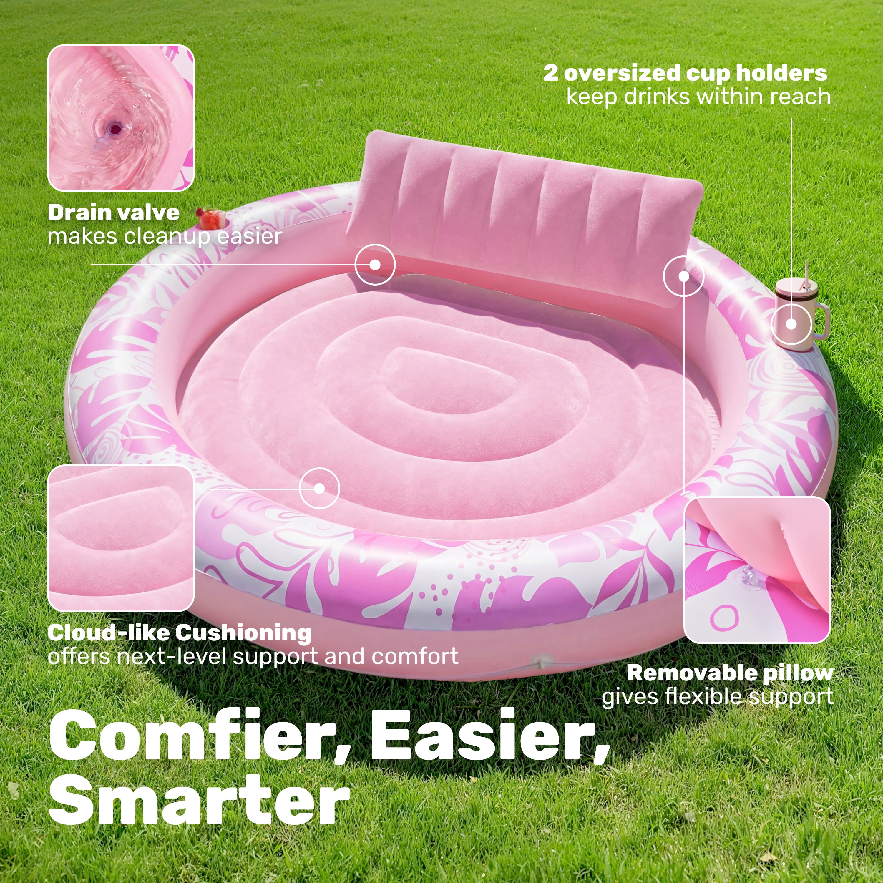 SLOOSH Inflatable Tanning Pool Lounger Float for Adults, 72" x 65" Large Suntan Tub Pool Floats Tanning Bed Blow up Pool Raft Lounge Floatie for Lake, Outdoor, Backyard, Swimming Pool