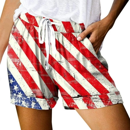 Outfmvch American Flag Shorts shorts for Woman swim Trunks athletic Shorts gym Shorts ladies Casual Shorts Summer Elastic Belt Shorts Pockets Red 2XL