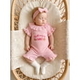 thumbnail image 5 of RUINIXCW Baby Girls Half Birthday Outfit Short Sleeve Ruffled Crewneck Letter Biscuit Embroidery Striped Jumpsuit with Headband, 5 of 8