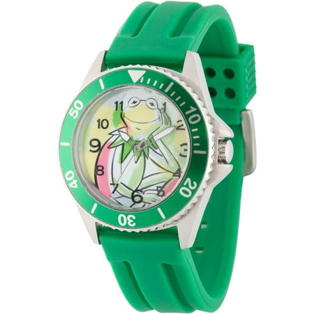 Disney The Muppets Kermit the Frog Men's Silver Honors Stainless Steel Watch, Green Bezel, Green Rubber Strap