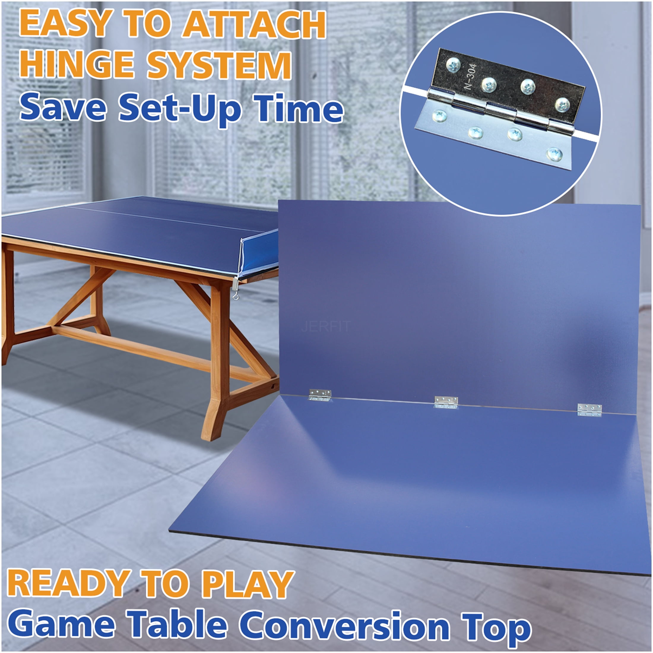 JERFIT 7x4ft Portable Ping Pong Table Top | Indoor Blue MDF Conversion Surface with Foldable Design & Included Net