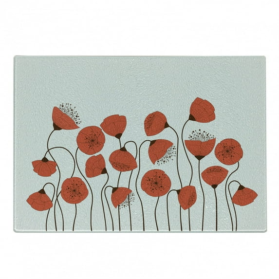 Flower Cutting Board, Poppy Flowers Blossom Art Deco Style Summertime Garden Modern Repetition, Decorative Tempered Glass Cutting and Serving Board, Small Size, Vermilion and Pearl, by Ambesonne
