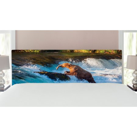 Waterfall Headboard  Image of Large Bear by a Rock in Alaska Waterfall Wildlife in Earth Art Print  Upholstered Decorative Metal Bed Headboard with Memory Foam  King Size  Multicolor  by Ambesonne