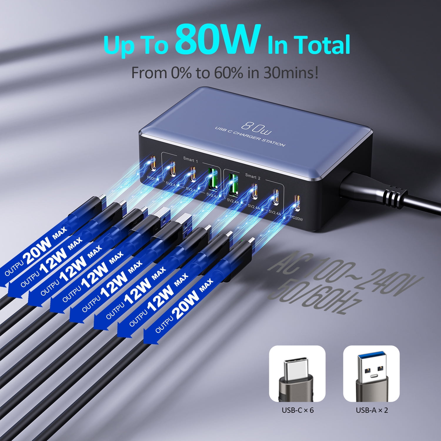80W Usb C Charging Station, 8-Port Usb C And Usb A Multi Port Desktop Charger Adapter Plug Cube, 4-Foot Power Cord, Desktop Charging, Mobile Phone, Digital Fast Charging, Tablet Computer
